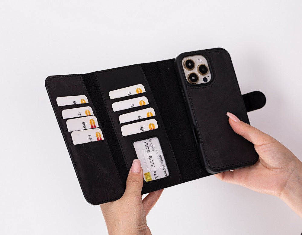 Apple iPhone 16 Pro Max uyumlu, Hakiki Deri, El Yapımı, Cüzdanlı Kılıf, Mat Siyah