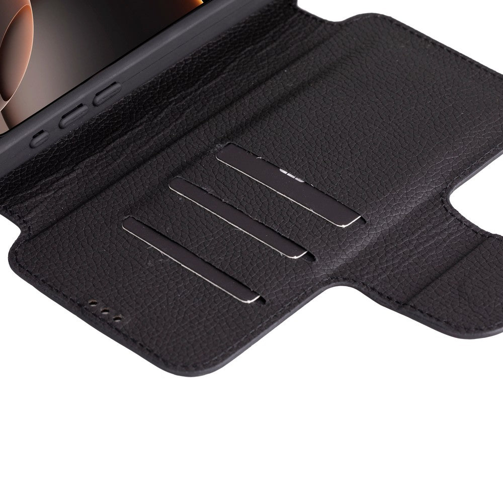 Apple iPhone 16 Pro Max uyumlu, Hakiki Deri, El Yapımı, Cüzdanlı Kılıf, Parlak Siyah