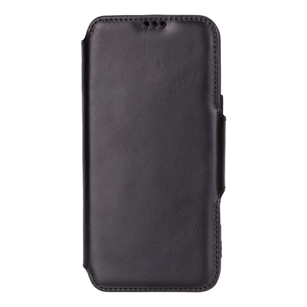 Apple iPhone 16 Pro Max uyumlu, Hakiki Deri, El Yapımı, Cüzdanlı Kılıf, Parlak Siyah