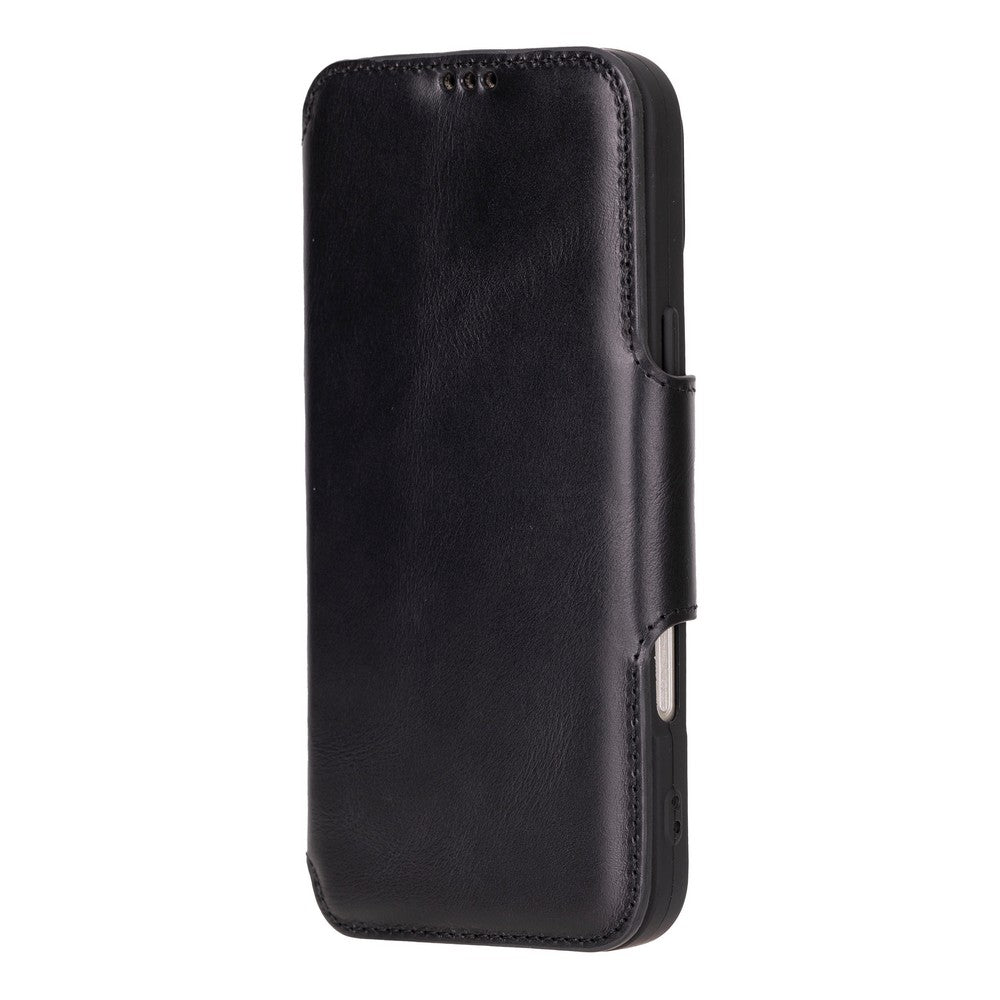 Apple iPhone 16 Pro Max uyumlu, Hakiki Deri, El Yapımı, Cüzdanlı Kılıf, Parlak Siyah