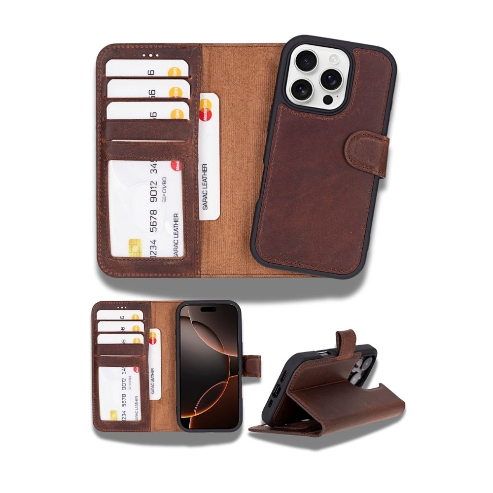 Apple iPhone 16 Pro uyumlu, Hakiki Deri, El Yapımı, Cüzdanlı Kılıf, Antik Kahve