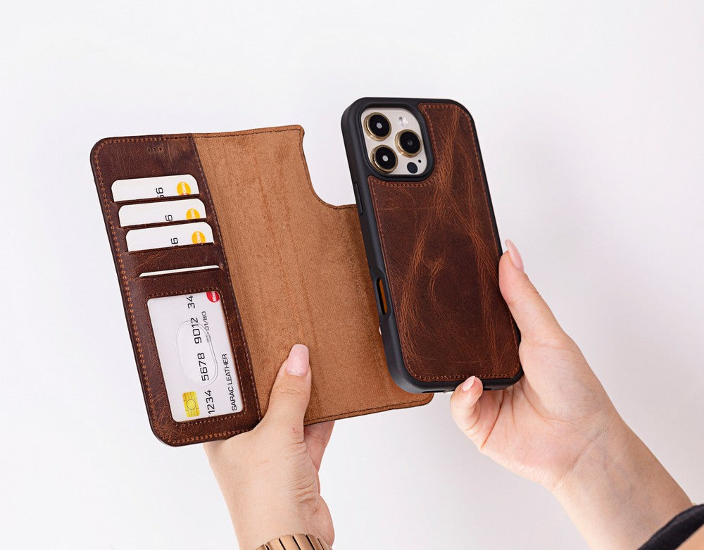 Apple iPhone 16 Pro uyumlu, Hakiki Deri, El Yapımı, Cüzdanlı Kılıf, Antik Kahve