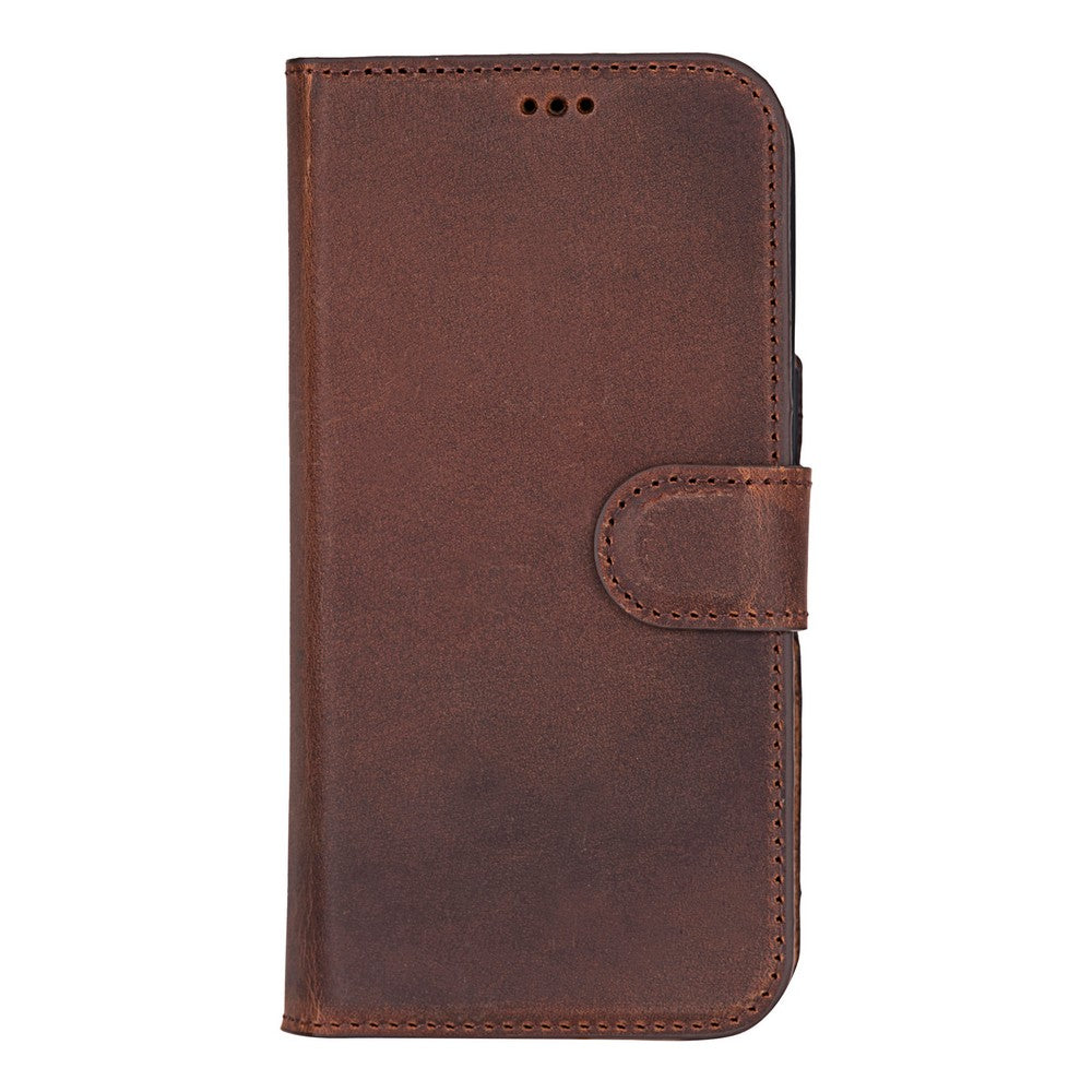 Apple iPhone 16 Pro uyumlu, Hakiki Deri, El Yapımı, Cüzdanlı Kılıf, Antik Kahve