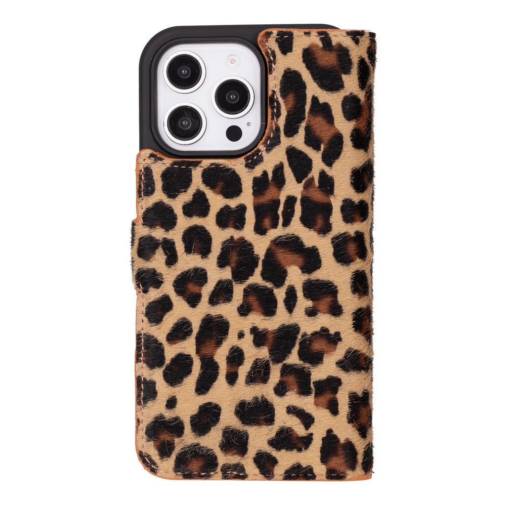 Apple iPhone 16 Pro uyumlu, Hakiki Deri, El Yapımı, Cüzdanlı Kılıf, Leopar