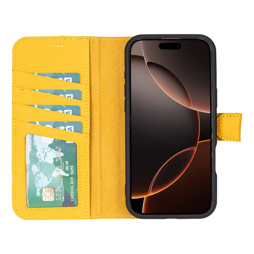 Apple iPhone 16 Pro uyumlu, Hakiki Deri, El Yapımı, Cüzdanlı Kılıf, Limon Sarı