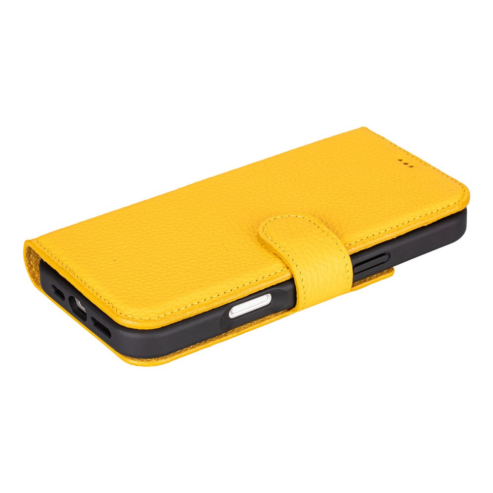 Apple iPhone 16 Pro uyumlu, Hakiki Deri, El Yapımı, Cüzdanlı Kılıf, Limon Sarı