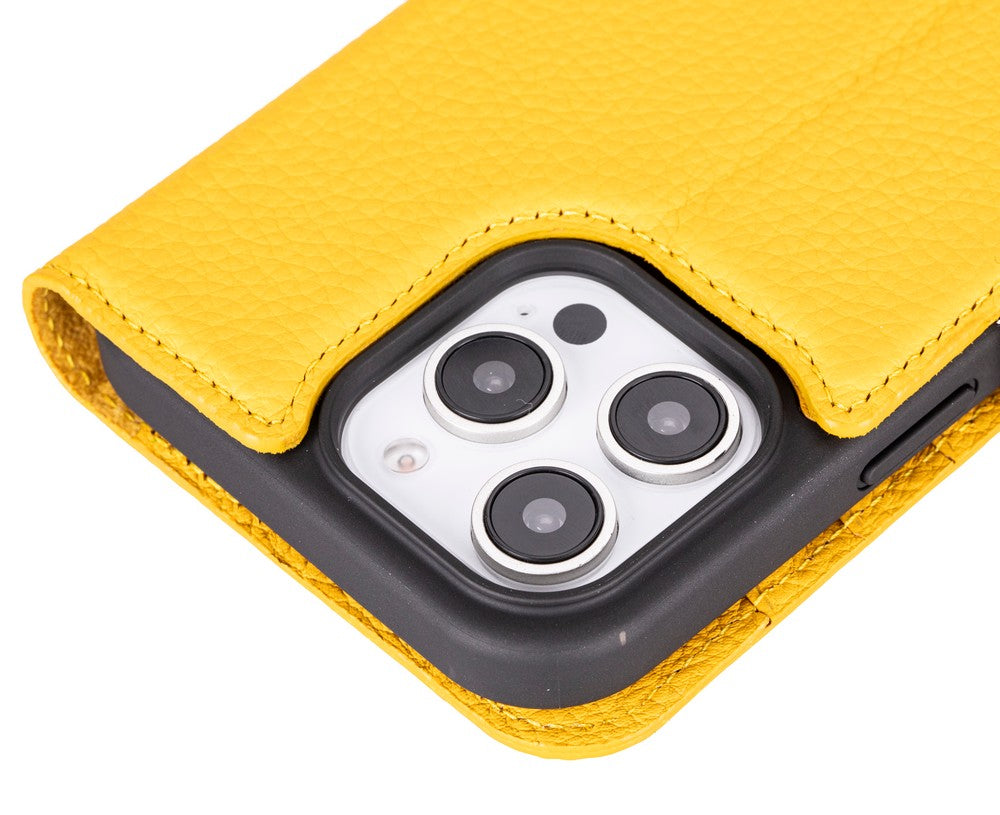 Apple iPhone 16 Pro uyumlu, Hakiki Deri, El Yapımı, Cüzdanlı Kılıf, Limon Sarı