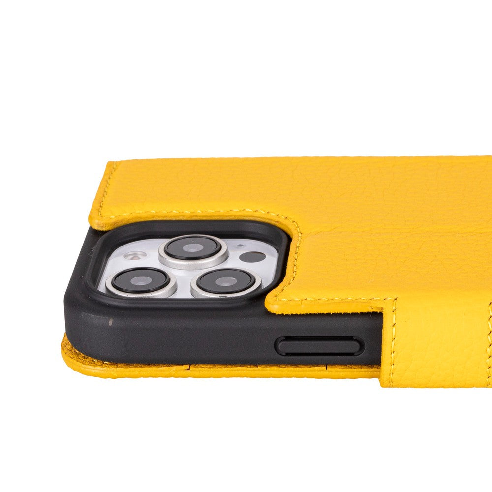 Apple iPhone 16 Pro uyumlu, Hakiki Deri, El Yapımı, Cüzdanlı Kılıf, Limon Sarı