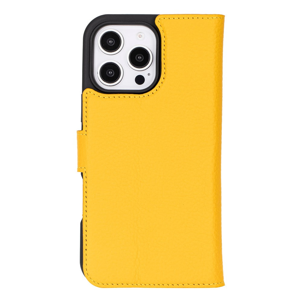 Apple iPhone 16 Pro uyumlu, Hakiki Deri, El Yapımı, Cüzdanlı Kılıf, Limon Sarı