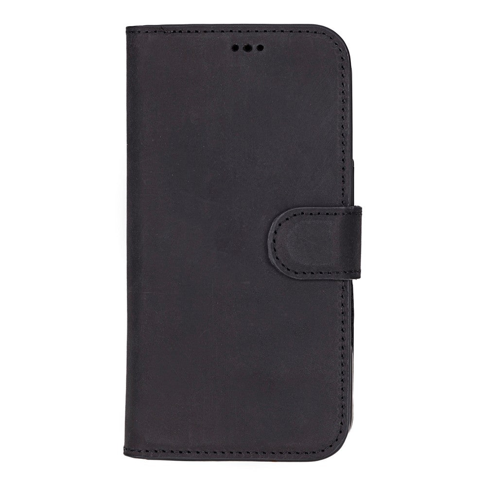 Apple iPhone 16 Pro uyumlu, Hakiki Deri, El Yapımı, Cüzdanlı Kılıf, Mat Siyah