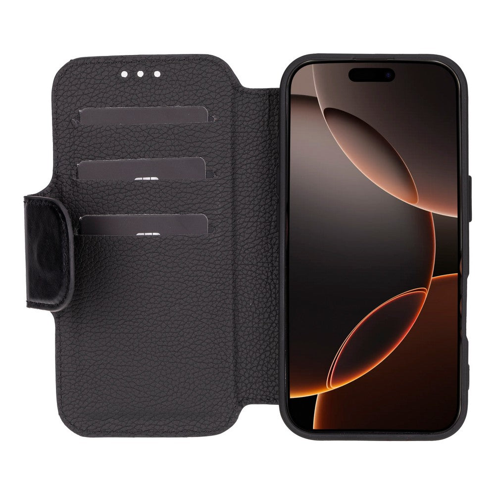 Apple iPhone 16 Pro uyumlu, Hakiki Deri, El Yapımı, Cüzdanlı Kılıf, Parlak Siyah