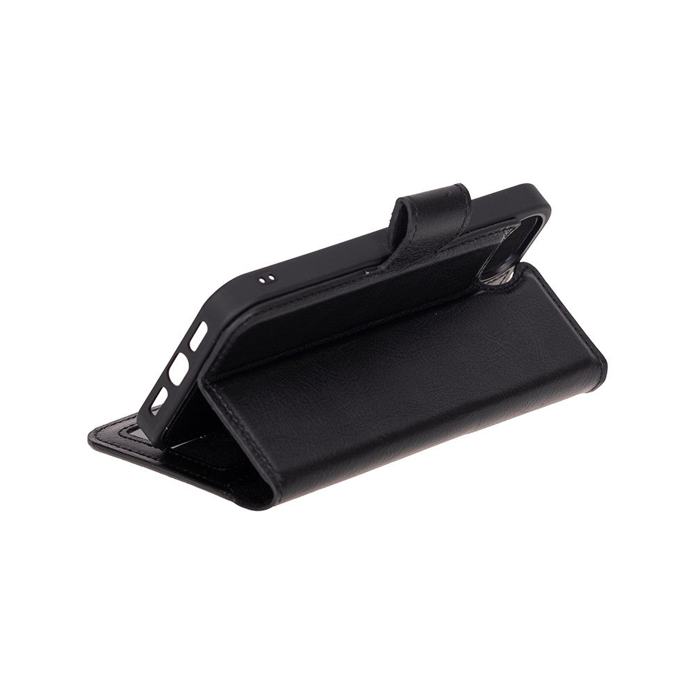 Apple iPhone 16e uyumlu, Hakiki Deri, El Yapımı, Cüzdanlı Kılıf, Kömür Siyahı