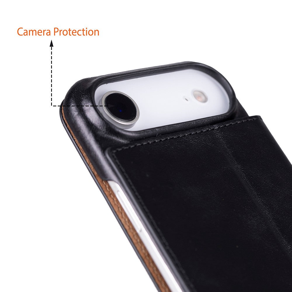 Apple iPhone 17 Air için, Hakiki Deri, El Yapımı, Cüzdanlı Slim Kılıf, Mag safe ile uyumlu, İç Yüzeyi Kadife, Siyah