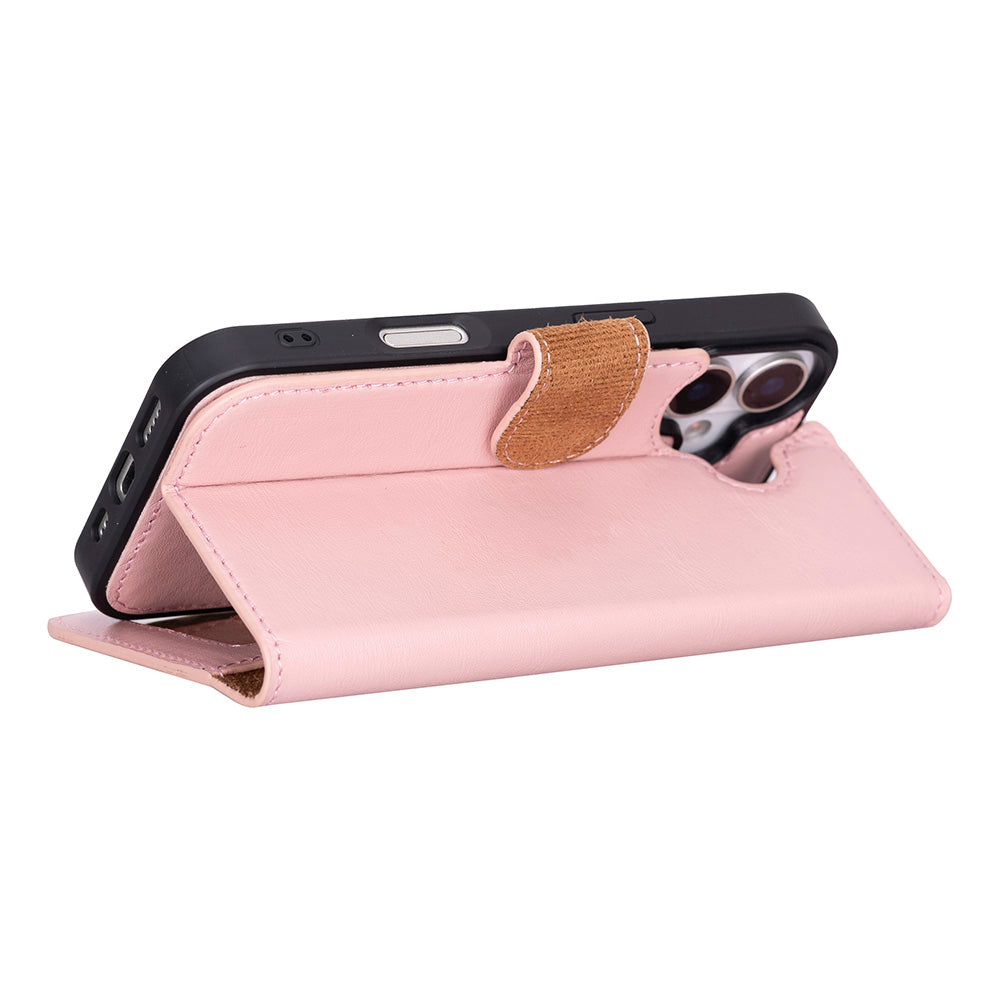 Apple iPhone 17 için, Hakiki Deri, El Yapımı Cüzdanlı Kılıf, Magsafe ile uyumlu, İç Yüzeyi Kadife, Pembe