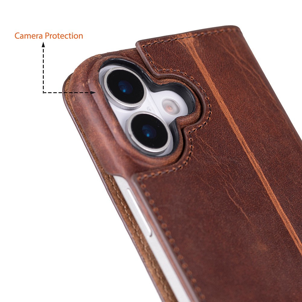 Apple iPhone 17 için, Hakiki Deri, El Yapımı, Cüzdanlı Slim Kılıf, Mag safe ile uyumlu, İç Yüzeyi Kadife, Antik kahve