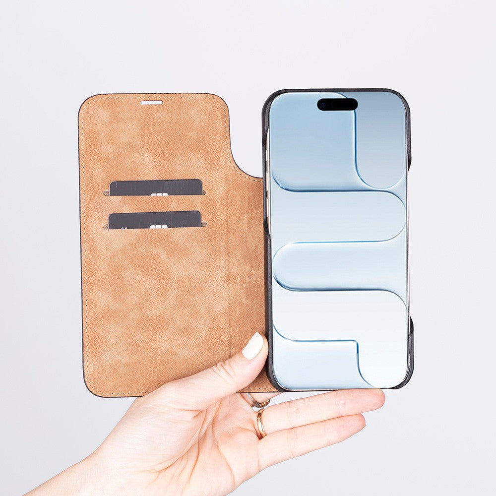 Apple iPhone 17 için, Hakiki Deri, El Yapımı, Cüzdanlı Slim Kılıf, Mag safe ile uyumlu, İç Yüzeyi Kadife, Gölgeli Taba