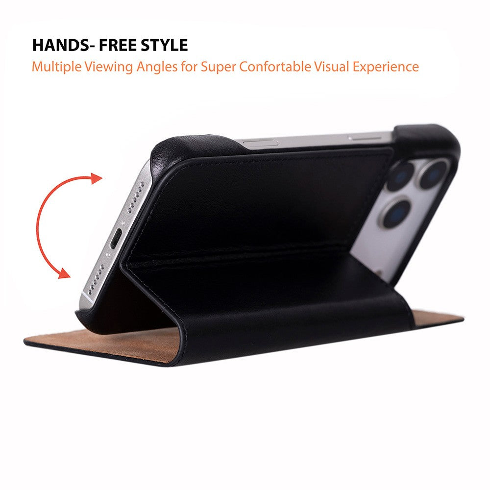 Apple iPhone 17 Pro için, Hakiki Deri, El Yapımı, Cüzdanlı Slim Kılıf, Mag safe ile uyumlu, İç Yüzeyi Kadife, Siyah