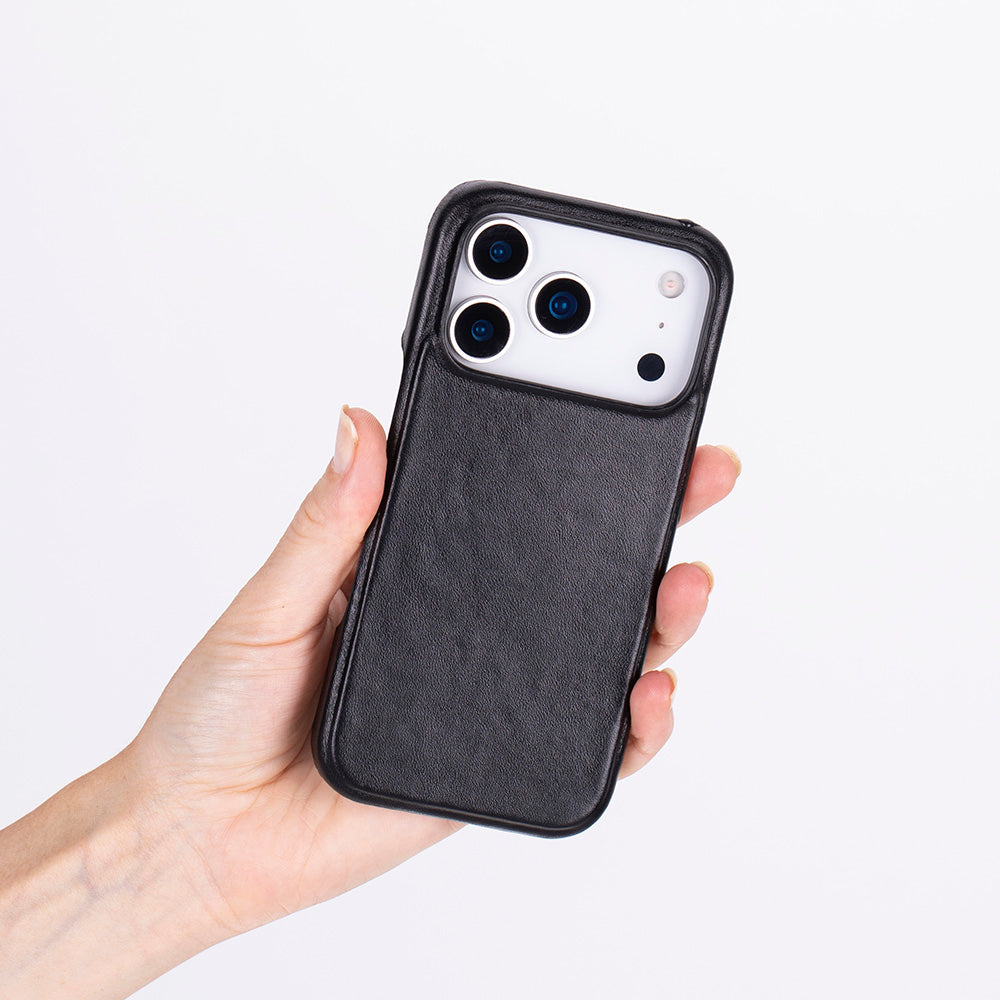 Apple iPhone 17 Pro için, Hakiki Deri, El Yapımı Kılıf, Magsafe ile uyumlu, İç Yüzeyi Kadife, Kömür Siyah