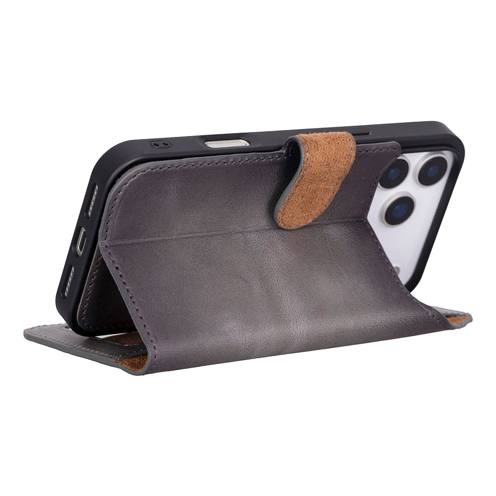 Apple iPhone 17 Pro Max için, Hakiki Deri, El Yapımı Cüzdanlı Kılıf, Magsafe ile uyumlu, İç Yüzeyi Kadife, Duman Gri