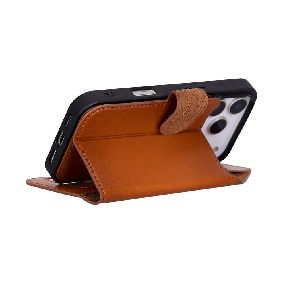 Apple iPhone 17 Pro Max için, Hakiki Deri, El Yapımı Cüzdanlı Kılıf, Magsafe ile uyumlu, İç Yüzeyi Kadife, Gölgeli Taba