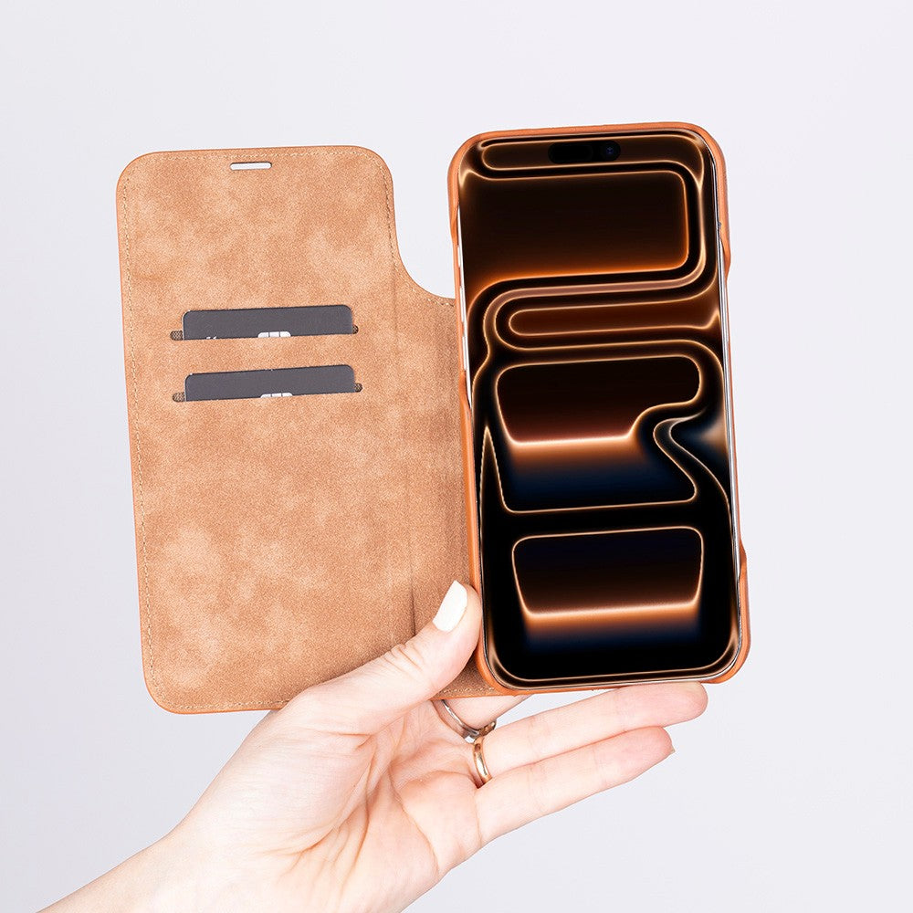 Apple iPhone 17 Pro Max için, Hakiki Deri, El Yapımı, Cüzdanlı Slim Kılıf, Mag safe ile uyumlu, İç Yüzeyi Kadife, Antik Kahve