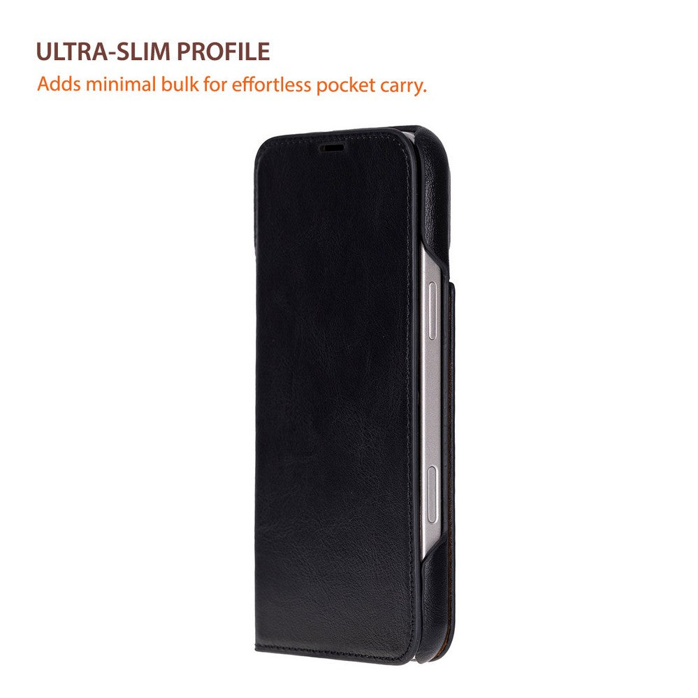 Apple iPhone 17 Pro Max için, Hakiki Deri, El Yapımı, Cüzdanlı Slim Kılıf, Mag safe ile uyumlu, İç Yüzeyi Kadife, Siyah