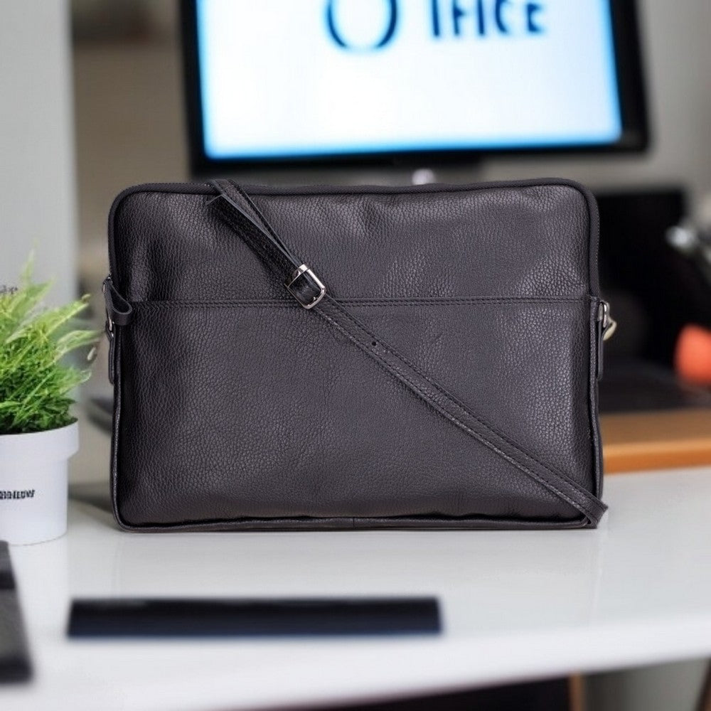 Leeds 14 inç MacBook Ve Pc Uyumlu, Hakiki Deri, El Yapımı Kılıf Kömür Siyahı