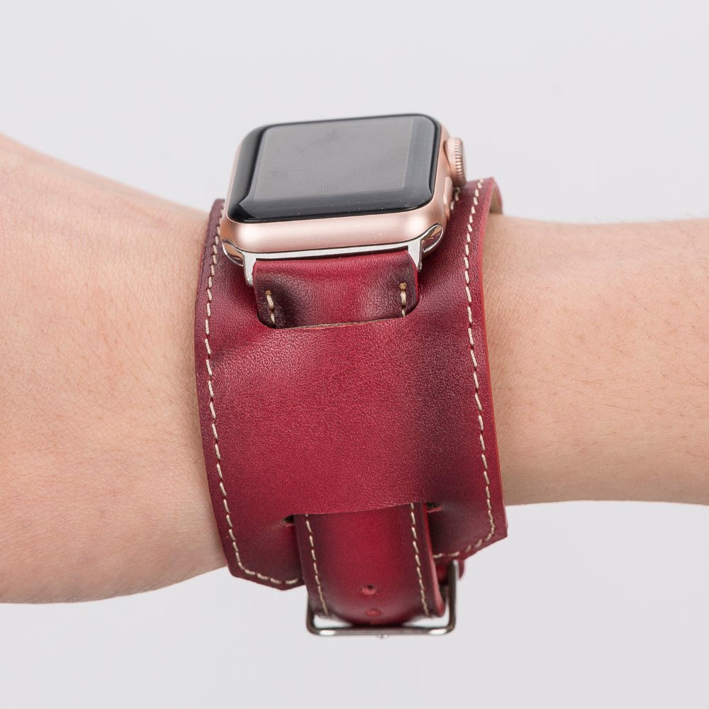 Apple Watch uyumlu, Hakiki Deri, El Yapımı Kordon, Cuff Gölgeli Kırmızı
