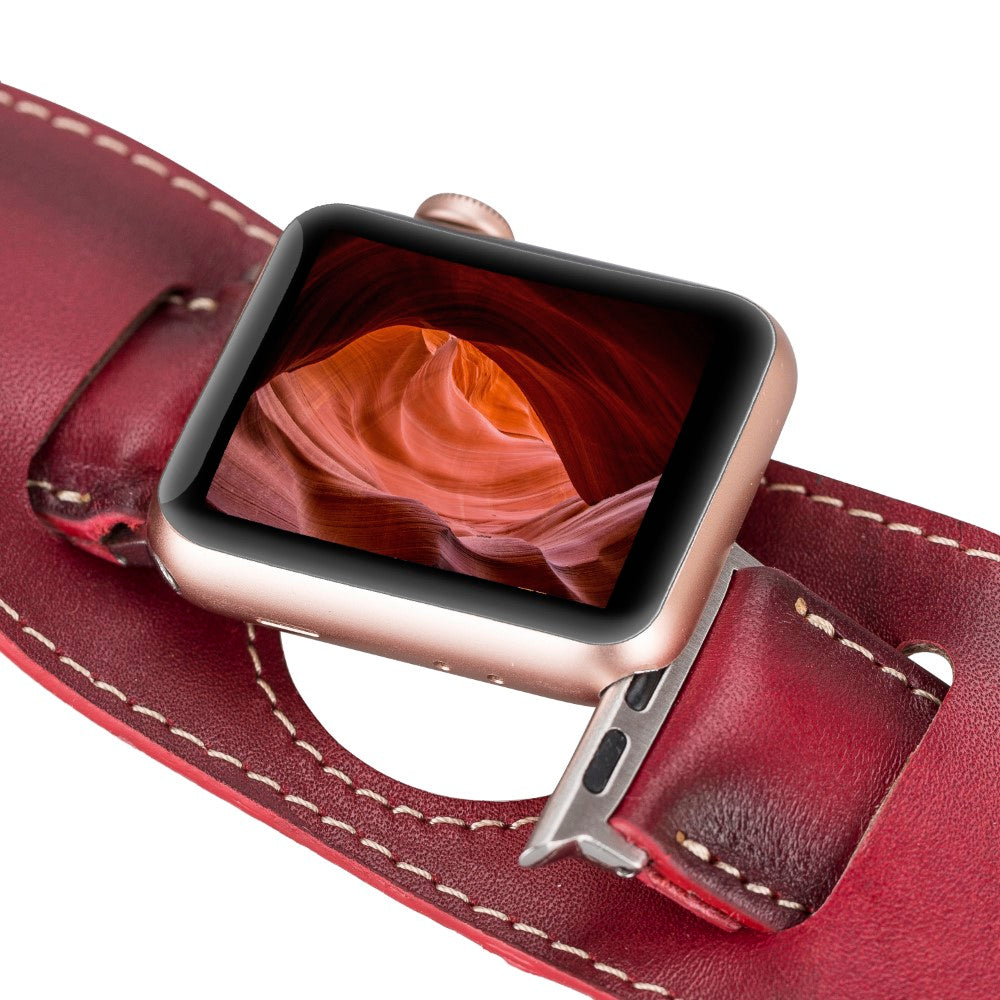 Apple Watch uyumlu, Hakiki Deri, El Yapımı Kordon, Cuff Gölgeli Kırmızı