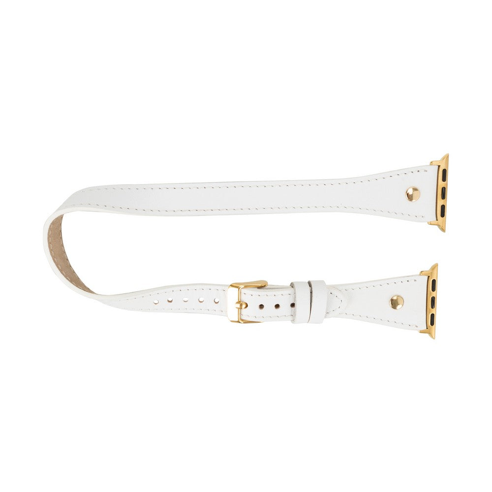 Apple Watch uyumlu, Hakiki Deri, El Yapımı Kordon, Çift Tur, Trok Detaylı, Beyaz