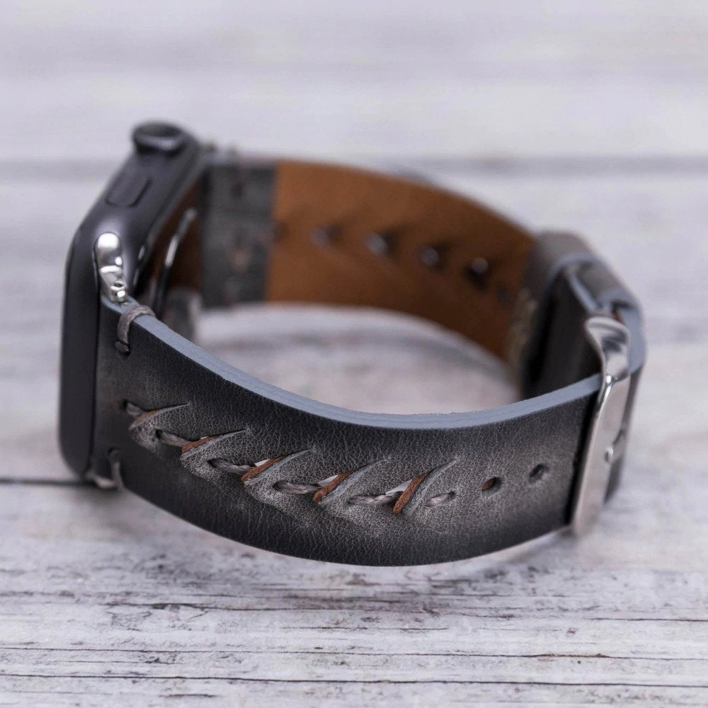 Apple Watch uyumlu, Hakiki Deri, El Yapımı Kordon, Boras Gölgeli Gri