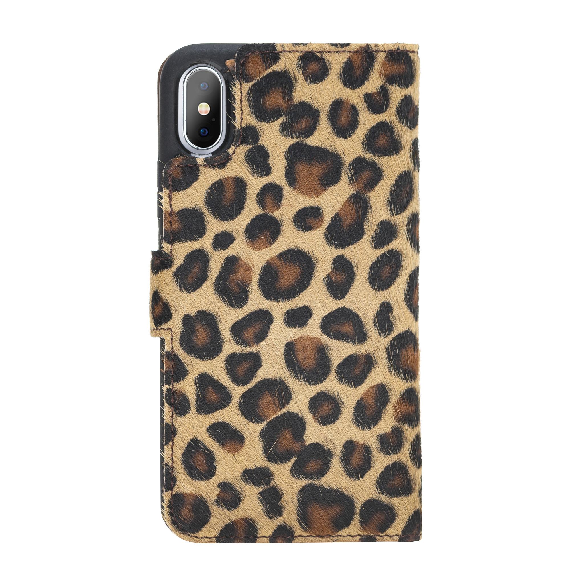 Apple iPhone X-XS Uyumlu Deri Cüzdanlı Kılıf Leopar