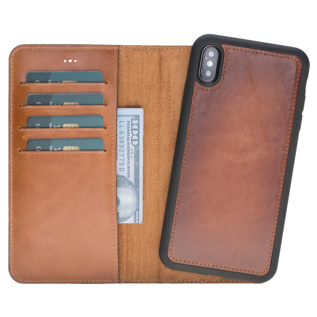 Apple iPhone XS Max uyumlu, Hakiki Deri, El Yapımı, Cüzdanlı Kılıf, Gölgeli Taba