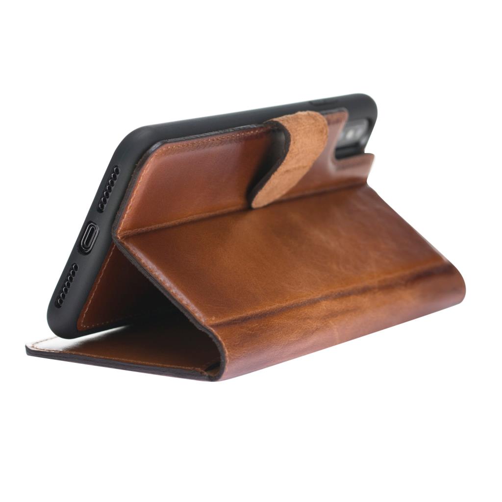 Apple iPhone XS Max uyumlu, Hakiki Deri, El Yapımı, Cüzdanlı Kılıf, Gölgeli Taba