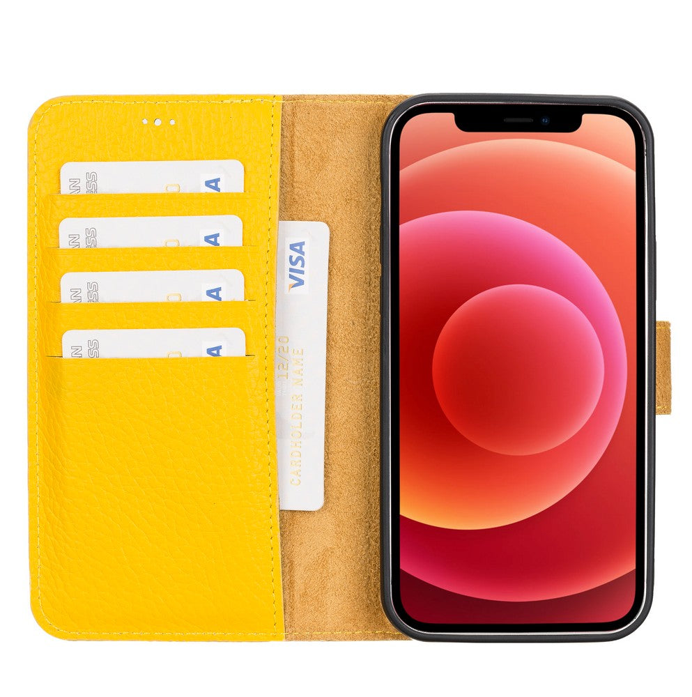 Apple iPhone 12 uyumlu, Hakiki Deri, El Yapımı, Cüzdanlı Kılıf, FL12 Sarı