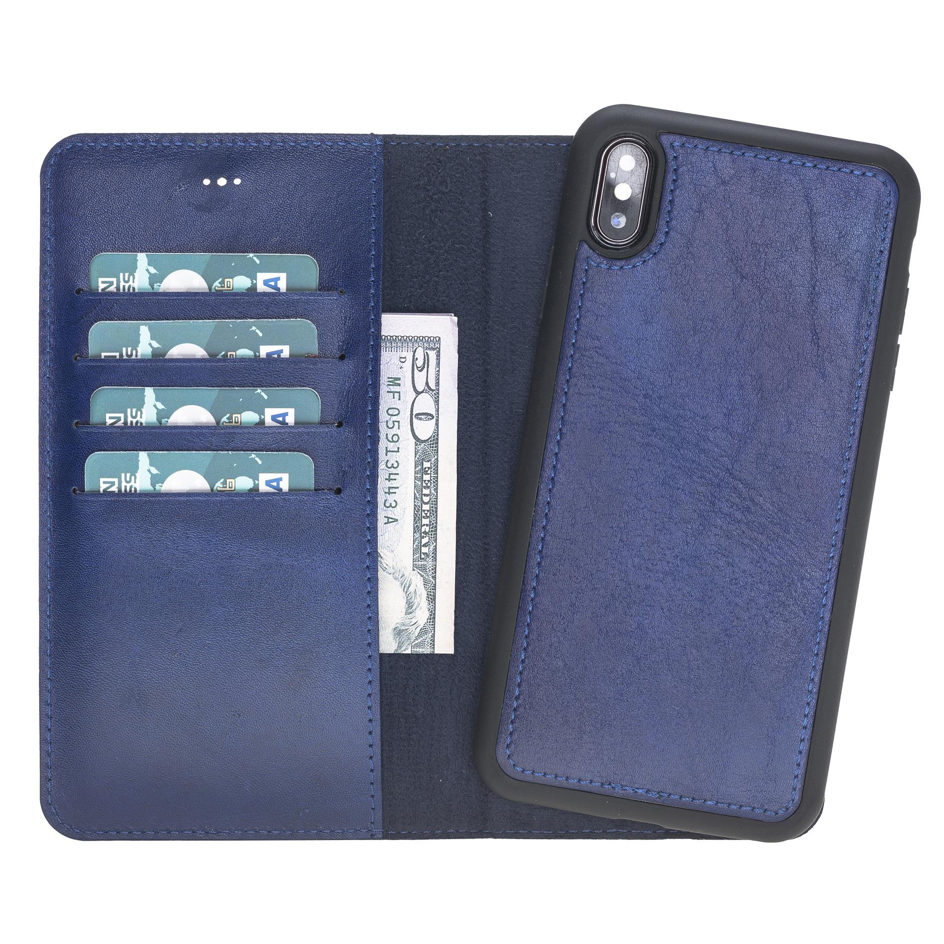 Apple iPhone XS Max uyumlu, Hakiki Deri, El Yapımı, Cüzdanlı Kılıf, V3 Mavi