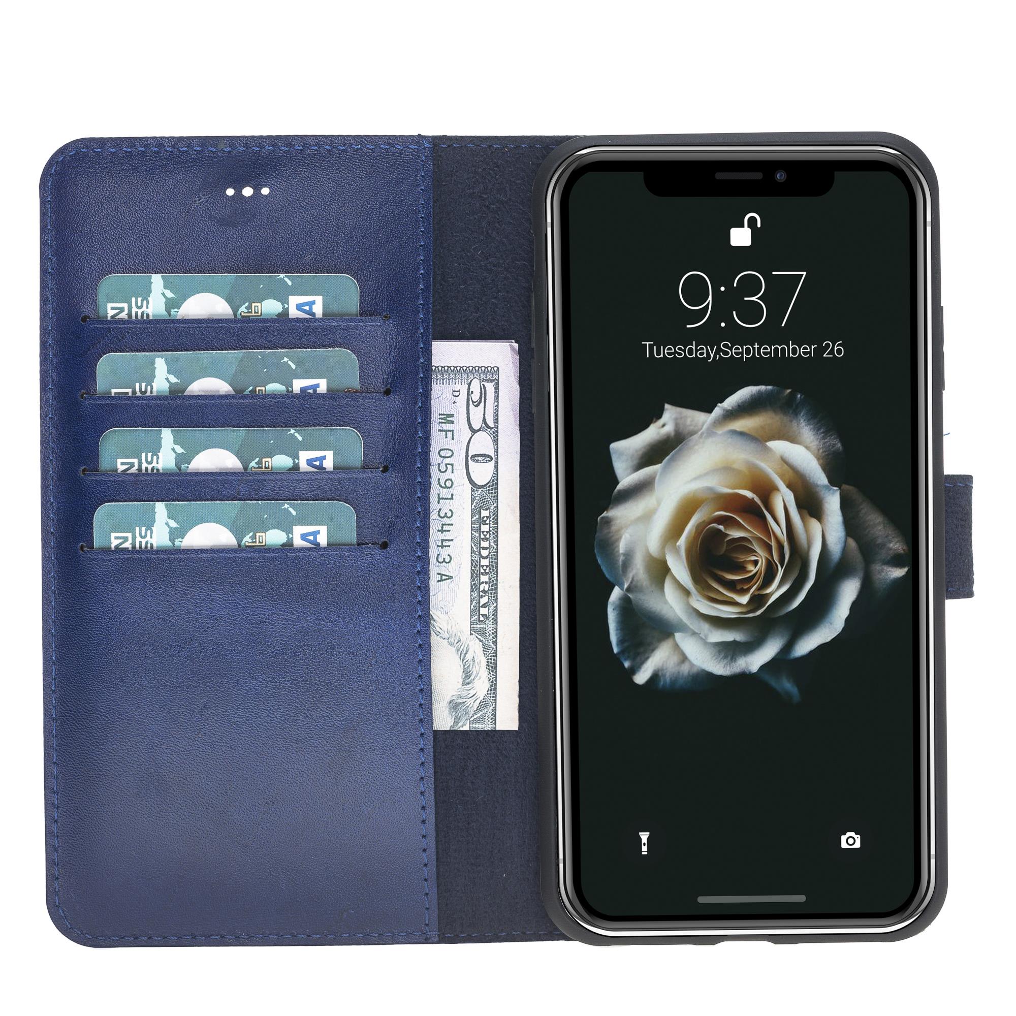 Apple iPhone XS Max uyumlu, Hakiki Deri, El Yapımı, Cüzdanlı Kılıf, V3 Mavi