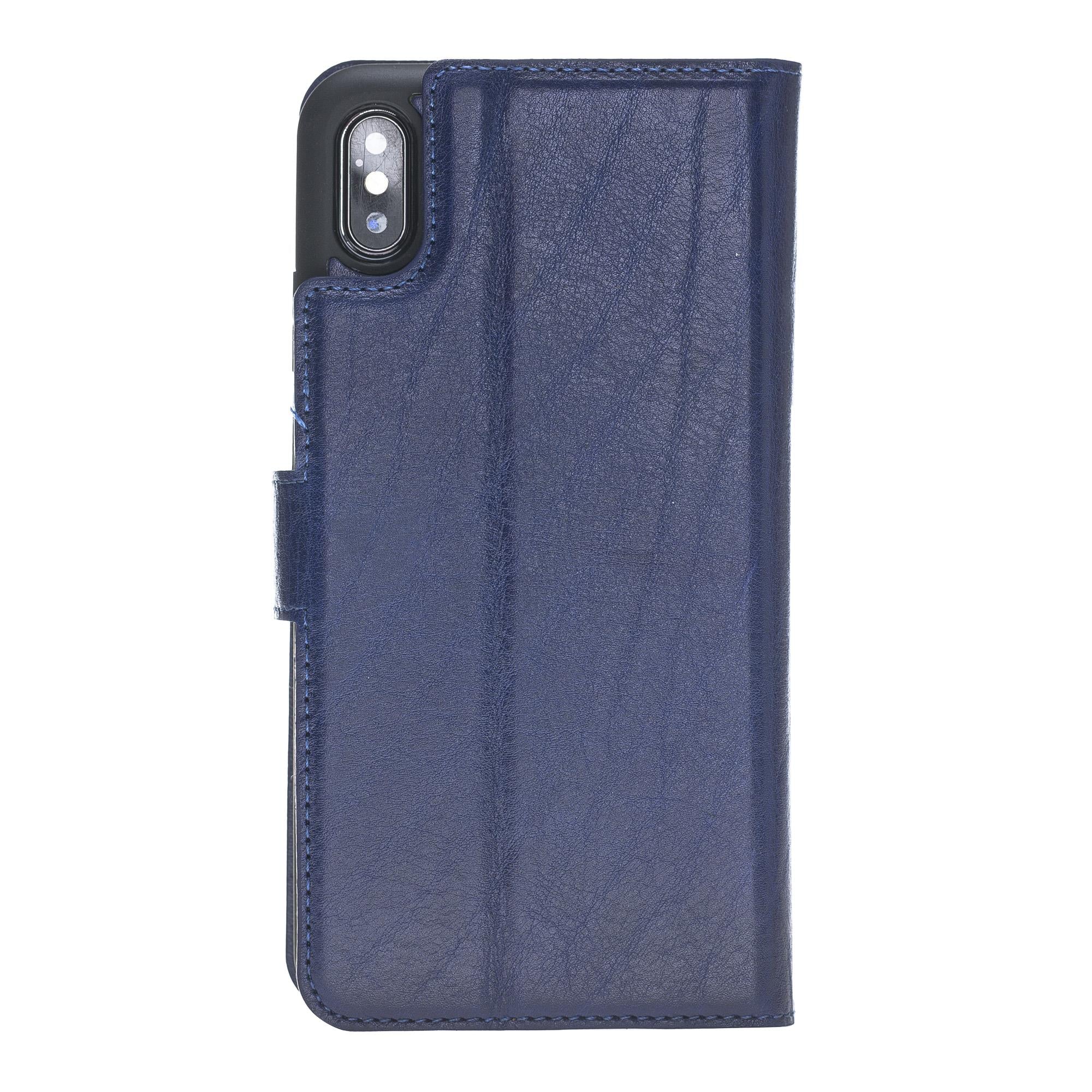 Apple iPhone XS Max uyumlu, Hakiki Deri, El Yapımı, Cüzdanlı Kılıf, V3 Mavi