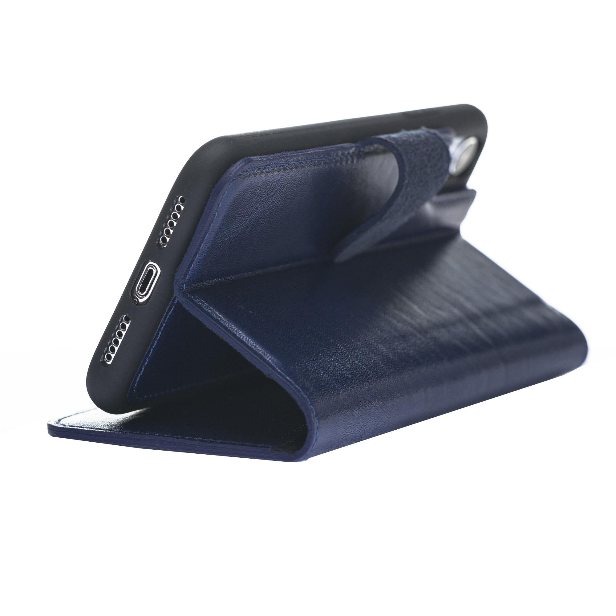 Apple iPhone XS Max uyumlu, Hakiki Deri, El Yapımı, Cüzdanlı Kılıf, V3 Mavi