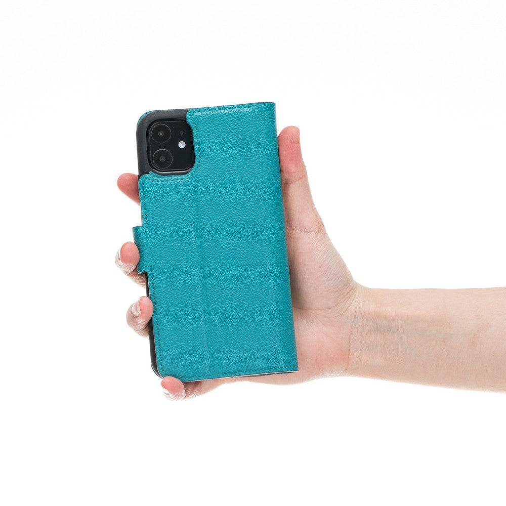 Apple iPhone 11 uyumlu, Hakiki Deri, El Yapımı, Cüzdanlı Kılıf, CP5 Mavi