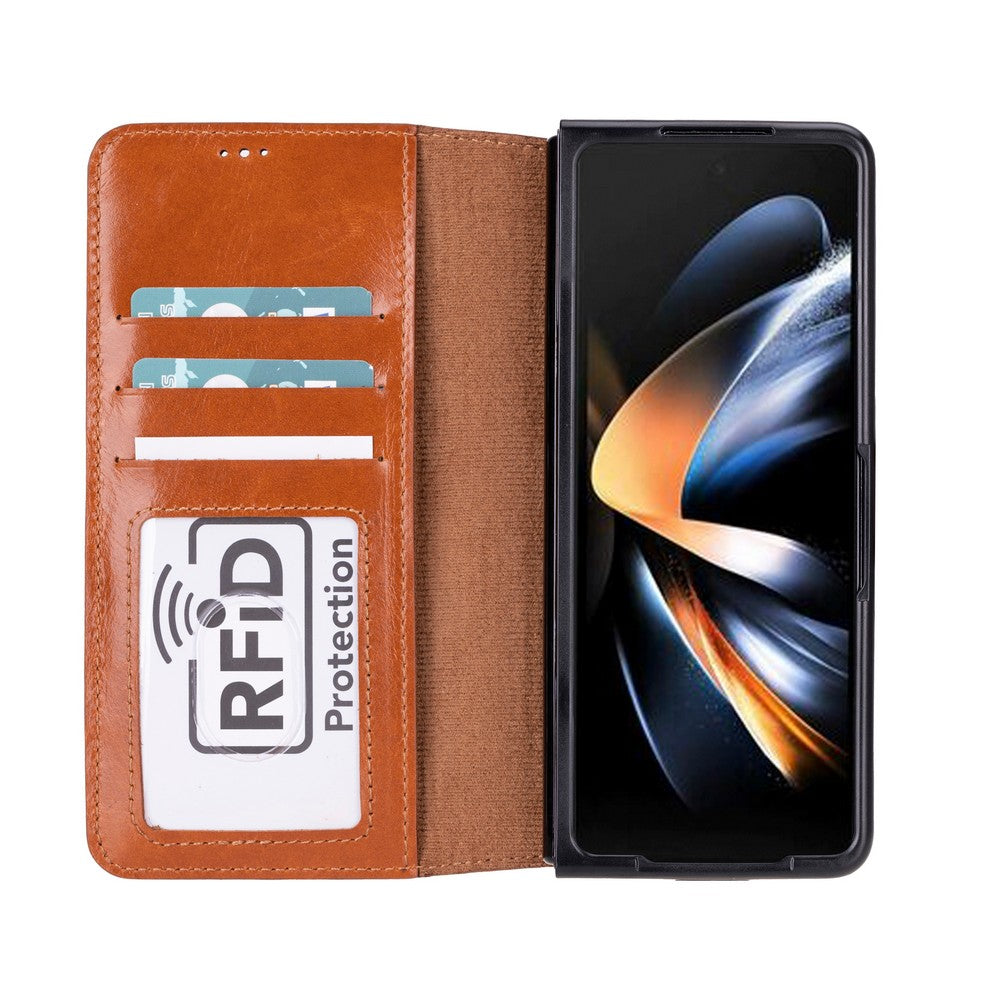 Samsung Galaxy Z Fold5 uyumlu, Hakiki Deri, El Yapımı, Cüzdanlı Kılıf, Gölgeli Taba