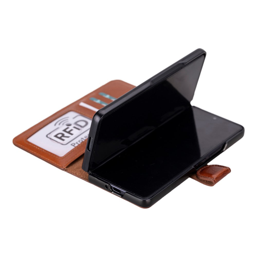 Samsung Galaxy Z Fold5 uyumlu, Hakiki Deri, El Yapımı, Cüzdanlı Kılıf, Gölgeli Taba