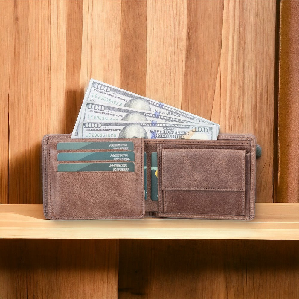 Hakiki Deri, El Yapımı Cüzdan, 6 Kart ve Bozuk Para Bölmeli, Karamel Kahve Deri