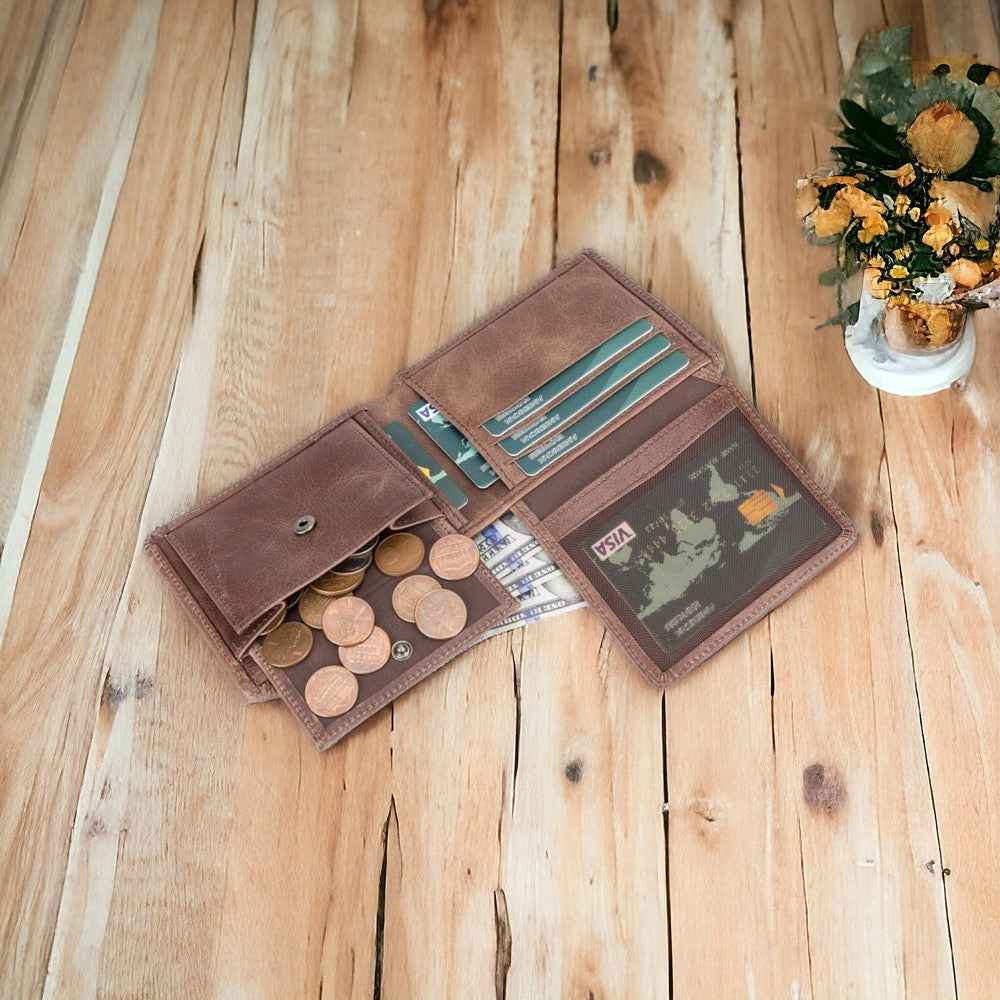 Hakiki Deri, El Yapımı Cüzdan, 6 Kart ve Bozuk Para Bölmeli, Karamel Kahve Deri