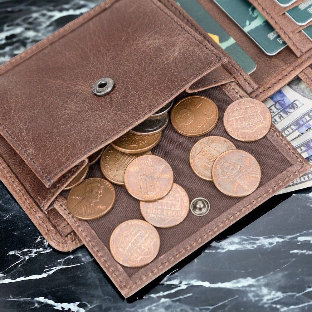 Hakiki Deri, El Yapımı Cüzdan, 6 Kart ve Bozuk Para Bölmeli, Karamel Kahve Deri