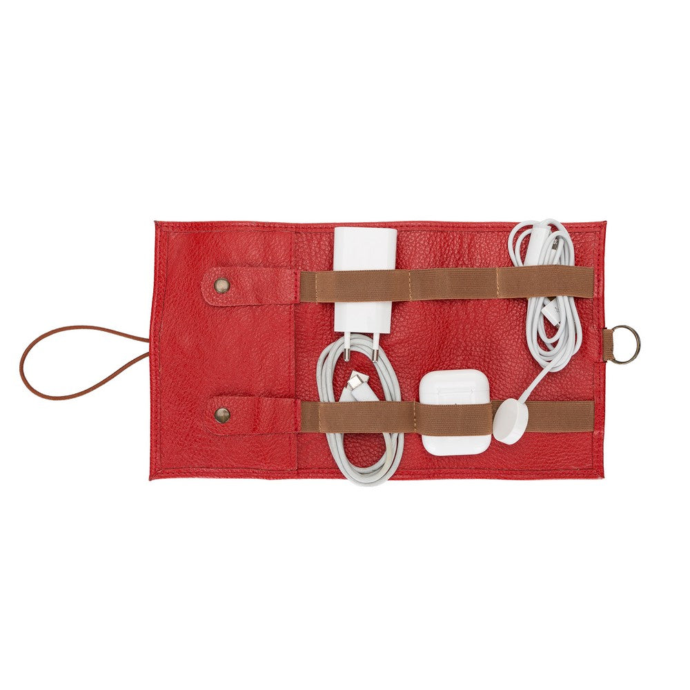 Hakiki Deri, El Yapımı, Kablo ve Aksesuar Taşıma Çantası, ERC2 Kırmızı