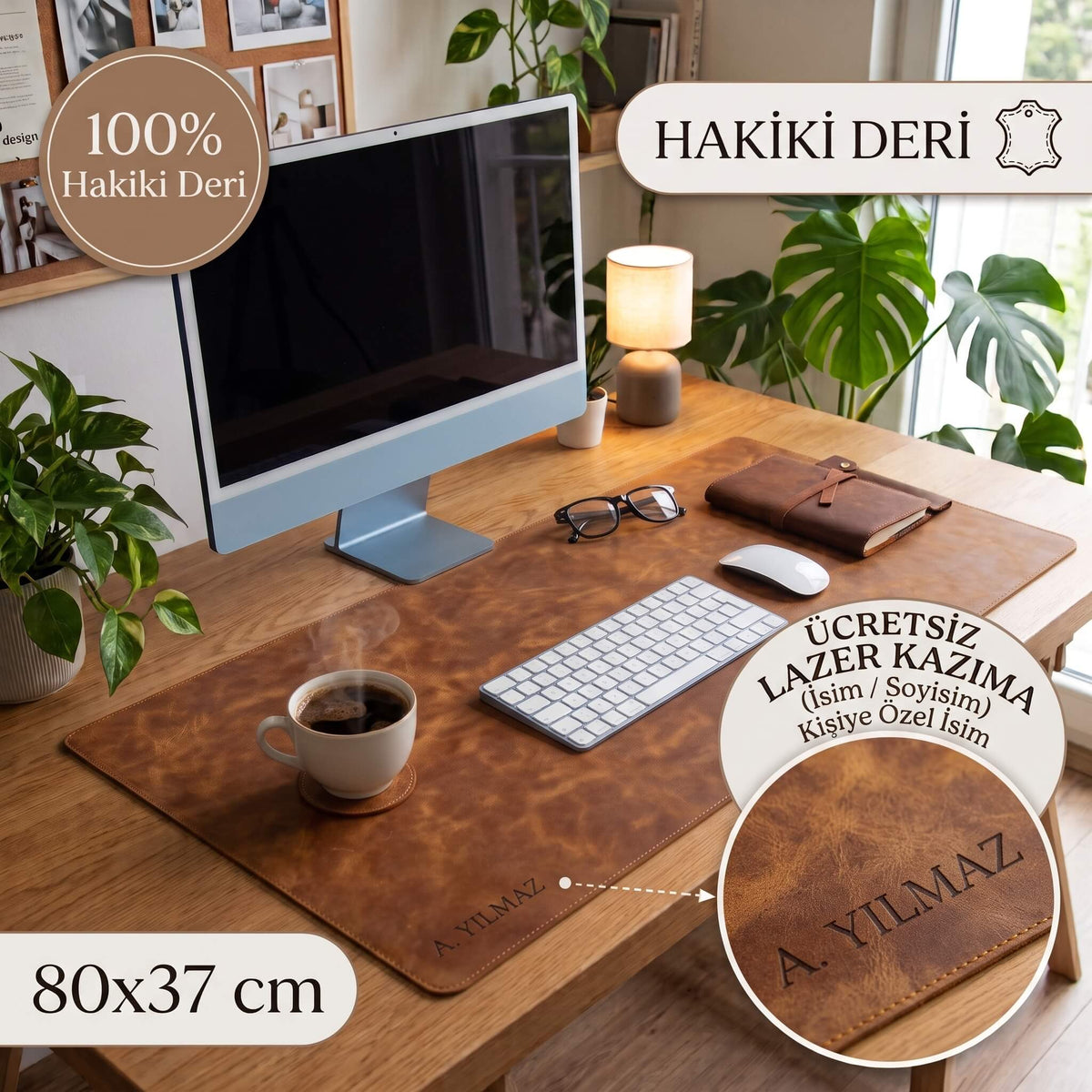 Hakiki Deri, El Yapımı Masa Matı, 80*37cm TN11 Karamel