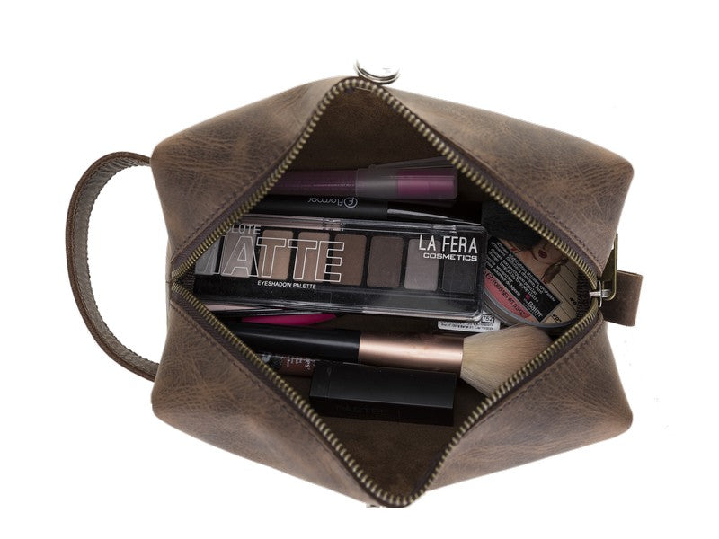 Eve Dopp Kit, Hakiki Deri, El Yapımı, Kişisel Bakım Çantası, XL Ölçü, G6 Kahverengi