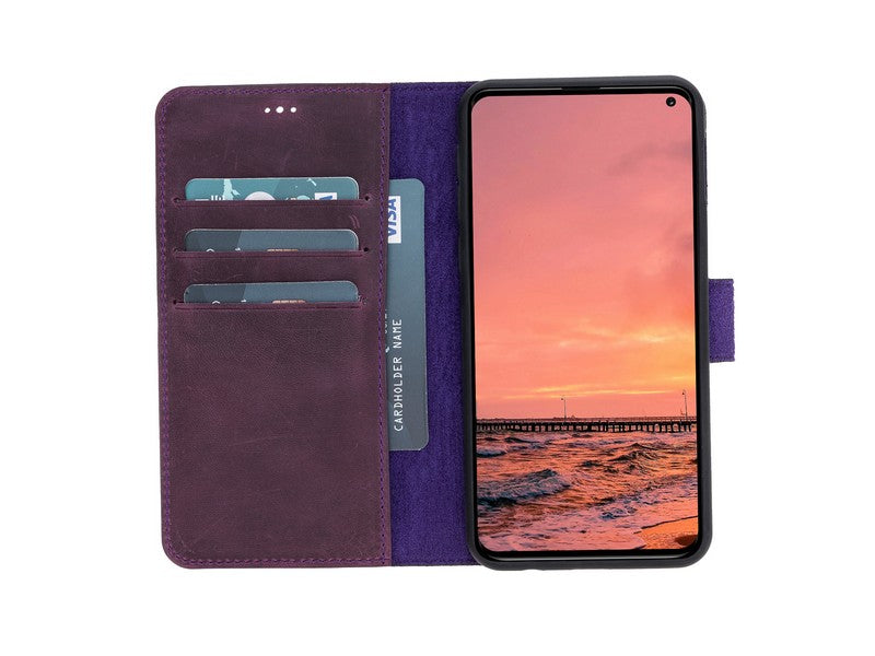 Samsung Galaxy S10E uyumlu, Hakiki Deri, El Yapımı, Cüzdanlı Kılıf, Foncaze G7 Mor