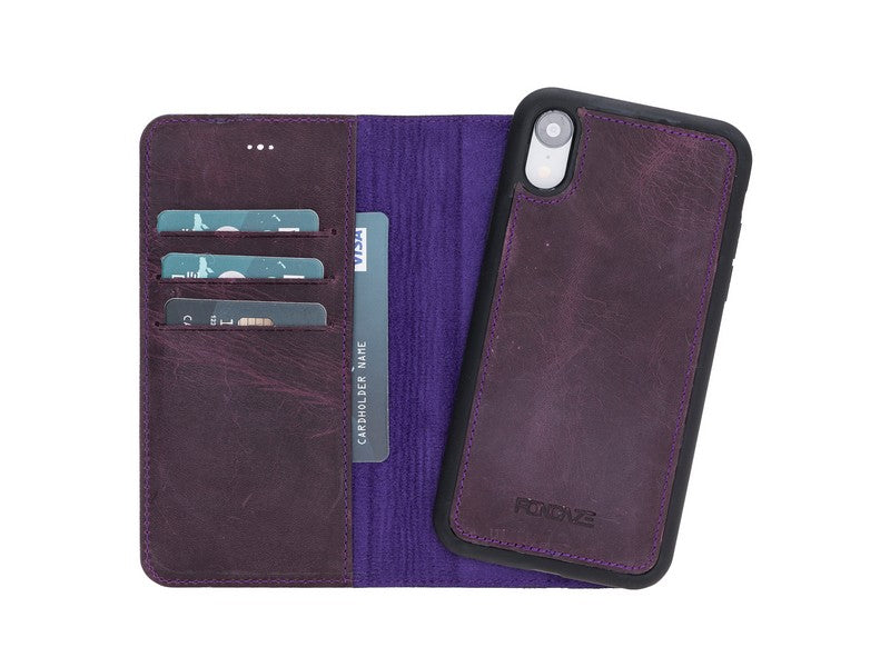 Apple iPhone XR Uyumlu Deri Cüzdanlı Kılıf Foncaze G7 Mor